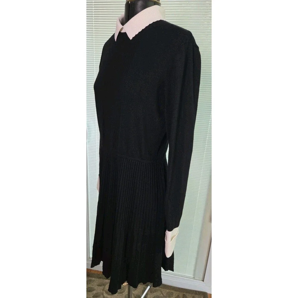 Tory Burch Black Wool Sweater Dress White Collar Pleated Knit Long Sleeve Medium